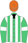 Emerald green and white stripes, emerald green sleeves, white armlets, orange cap