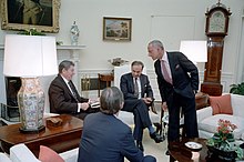 Murdoch and Roy Cohn meeting with Ronald Reagan in the Oval Office in 1983
