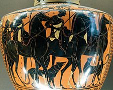 Cazadores a caballo con perros en una cerámica de figuras negras del Grupo Leagros (ca. 510 a. C.)[95]​