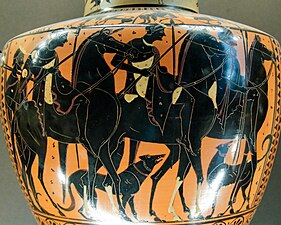 Riders and dogs. Ancient Greek Attic black-figure hydria, ca. 510–500 BC, from Vulci. Louvre Museum, Paris.