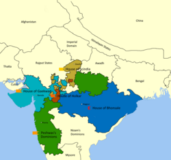 Baroda State within the Maratha Confederacy in 1761 under the Gaekwads (cyan)