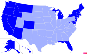 States in the United States by non-Christian (e.g. Non-religious, Jewish, Muslim, Hindu, Buddhist) population according to the Pew Research Center 2014 Religious Landscape Survey.[240] States with non-Christian populations greater than the United States as a whole are in full blue.