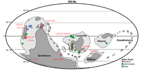 A map of SPICE localities during the upper Cambrian (500 Ma). Modified from the map published by Pulsipher et al., 2021.