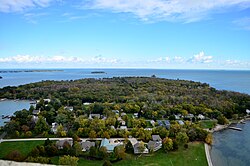 View of the village from atop the observation deck of the Perry Memorial