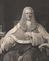 The engraving of a painting depicts a pensive looking John Coleridge. He wears judicial robes, a judge's wig, and has a large chain around his neck.