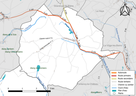 Carte en couleur présentant le réseau hydrographique de la commune