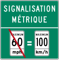 Metric signage reminder in Quebec, posted near US border and at major airports The imperial speed limit (left) is a Quebec-style sign, rather than an MUTCD-standard one as would be used in the US