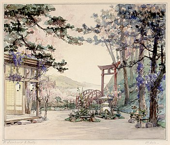Set design for Act I of Madama Butterfly, by Alexandre Bailly and Marcel Jambon (restored by Adam Cuerden)