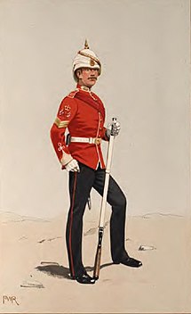 Brittiska armén; fanjunkare vid 40th Regiment of Foot 1881. Den röda vapenrocken och det vita hjälmöverdraget kännetecknade det brittiska infanteriet.