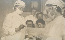 Surgeon Dr Bertha Van Hoosen performing a surgical procedure, circa 1905.