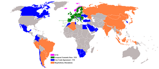 World map indicating distribution of free trade agreements, the European Economic Area, European Free Trade Association and those currently being negotiated as of 2010