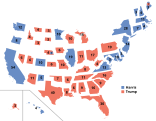 Un cartogramma discontinuo dei risultati statali, in base al contributo dei grandi elettori tra il Partito Repubblicano (porzioni in rosso) e il Partito Democratico (porzioni in blu)