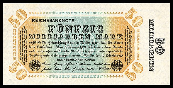 Fifty-billion Mark at German Papiermark, by the Reichsbankdirektorium Berlin