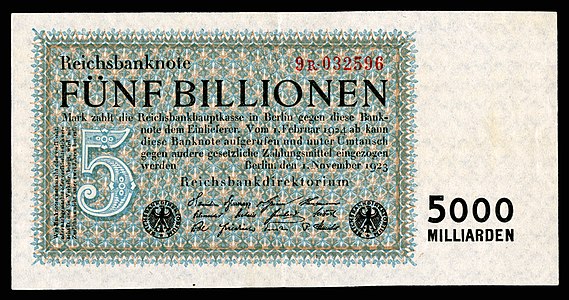 Five-trillion Mark at German Papiermark, by the Reichsbankdirektorium Berlin