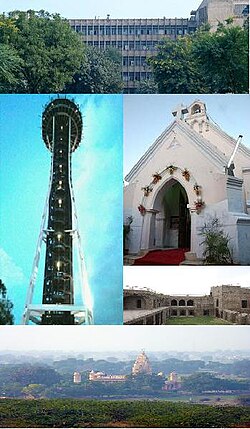 From top going clockwise: District Administrative Complex, St. Thomas Church, Fort of Firoz Shah, Sheetla Mata Temple and observatory at OP Jindal Gyan Kendra.