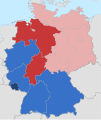 Red denotes states in which EKD Protestants outnumber Catholics.