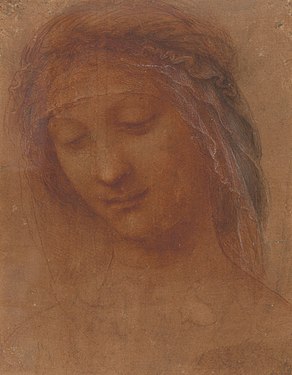 Pencil drawing in ochre and white of a woman's head tilted to the left