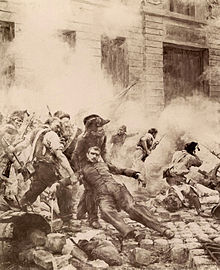 Photo sépia d'un tableau. Le mort, qui a encore son épée en main, est soutenu par deux combattants, tandis qu'autour d'eux le combat continue.