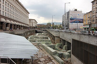 Maria Luiza Boulevard with St Nedelya Church and Sheraton Sofia Hotel Balkan in front, and TZUM on the Left, and current archaeological excavations along the street