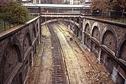 The old rails of the Auteuil line – Champ-de-Mars connection being removed in 1984 as part of the conversion to the RER C. This is at the old Boulainvilliers station.