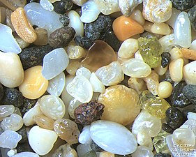 Sable de Kalalau Beach, Hawaii (Largeur de champ = 5,5 mm). On peut voir quelques grains d'olivine caractéristiques des sables d'origine volcanique.