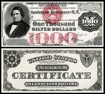 One-thousand-dollar silver certificate from the series of 1878, by the Bureau of Engraving and Printing