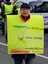 Photographie d'une pancarte jaune portée par un Gilet jaune. Il y est dessiné un tube vertical, avec les 9 millions de pauvres en bas et les riches en haut. Le tube se ressère étroitement en son milieu, étranglé par une ceinture. C'est une représentation d'une classe moyenne paupérisée, qui doit se serrer la ceinture pour pouvoir vivre.