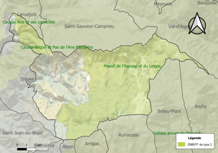 Carte des ZNIEFF de type 2 sur la commune.