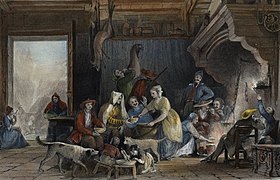Illustration d'une auberge avec des personnages qui mangent et boivent.