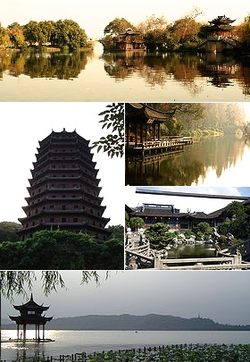 Top: View of the "Three Ponds Mirroring the Moon" at دریاچه غرب, Middle left: Liuhe Pagoda, Middle upper right: Su Causeway at دریاچه غرب, Middle lower right: Hu Xueyan Residence Garden, Bottom: Huxin Pavilion on دریاچه غرب