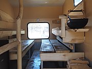 Inside a mobile sauna built into a trailer