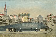 View from Münsterbrücke, looking downstream, c. 1882: St. Peter, Haus zum Schwert (centre), Rathausbrücke, Rathaus, Haus zum Rüden. Etching by Heinrich Müller