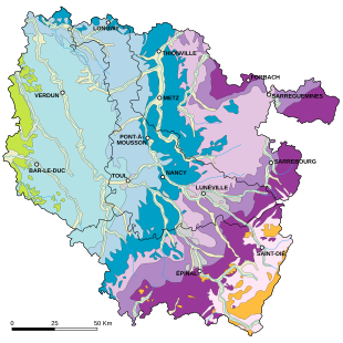 Carte montrant les différentes couches géologiques de la Lorraine.