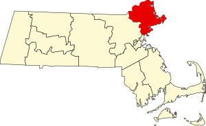 Map of Massachusetts highlighting Essex County