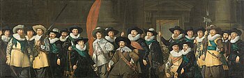 Civic guardsmen from the company of captain Jacob Symonszn de Vries (seated right) and lieutenant Dirck Jacobszn de Graeff (seated left), painted by Thomas de Keyser (1633)