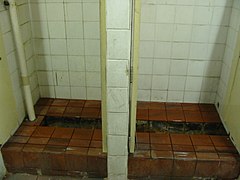 Trough closet cubicles in a Hong Kong factory