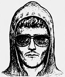 Rough black-and-white sketch of a man's face obscured by a hooded sweatshirt and sunglasses