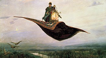 Le Tapis volant, peint en 1880 par Viktor Vasnetsov, peintre russe qui s’est illustré par ses représentations mythologiques et historiques. Le tapis volant a été popularisé par les contes des Mille et une nuits ; et il apparaît dans de nombreux films et dessins animés sur le thème de l’orient. Selon les légendes perses, le roi Salomon possédait un tapis volant qui lui avait été offert par la reine de Saba. (définition réelle 2 362 × 1 300)