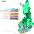 2022 Finnish county elections, 11 parties of which 8 top at least one district, with 7 hues each. Only problem is that these districts do not matter at all.