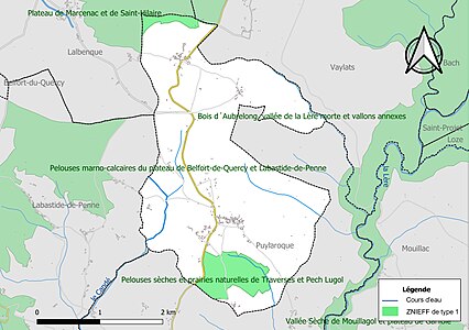 Carte des ZNIEFF de type 1 sur la commune.