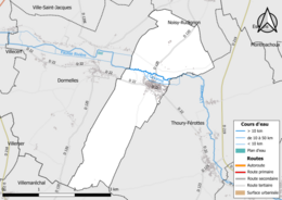 Carte en couleur présentant le réseau hydrographique de la commune