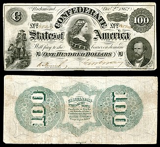 One-hundred Confederate States dollar (T49), by Keatinge & Ball