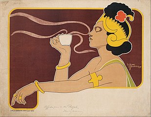 Poster for tea by Henri Meunier, with the steam rising in a whiplash form (1897)