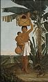 Tupian woman with baby, fruiting banana tree, and European plantation in background