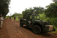 Marines follow a Ground Unmanned Support Surrogate (GUSS), experimental technology being tested by the Marine Corps Warfighting Lab during RIMPAC 2014 at Kahuku Training Area.