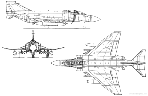 A line drawing of the McDonnell-Douglas F-4K containing three views; right (starboard), front (head-on), and top (planform)