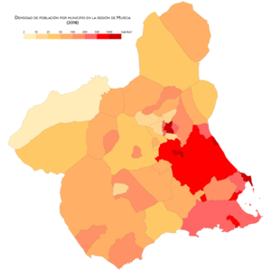 Densidad de población por municipio en la región de Murcia en el año 2018