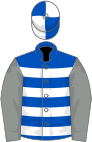 Royal blue and white hoops, grey sleeves, blue and white quartered cap