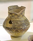 Jar decorated with diverse geometric patterns; 4900–4300 BC; ceramic; by Halaf culture; Erbil Civilization Museum (Erbil, Iraq)