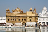 The Harmandir Sahib in Amritsar, India, known informally as the Golden Temple, is the holiest gurdwara of Sikhism next to Akal Takht, a Sikh seat of power.